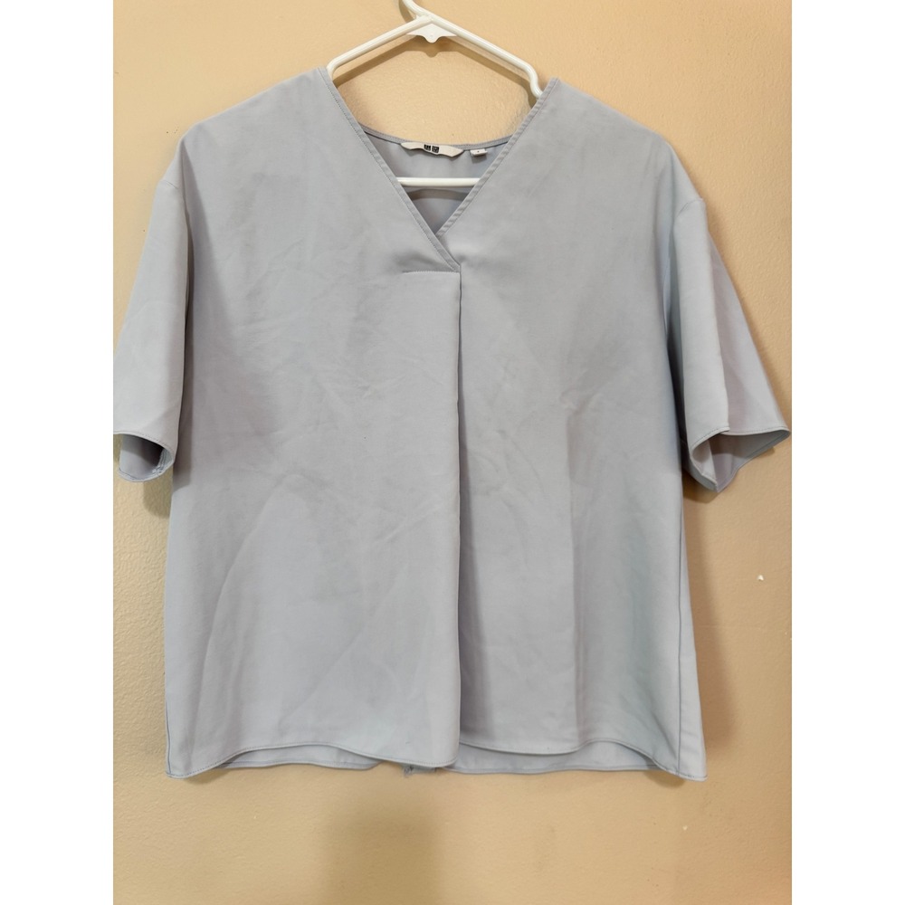Uniqlo Women Light Blue Gray V-Neck Pleated Front Short Sleeve Blouse S 408905